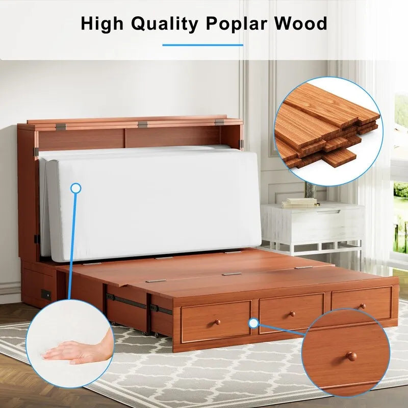 Lit escamotable Mixoy Murphy avec matelas pliable, lit-armoire cube moderne avec tiroir de rangement et station de recharge USB