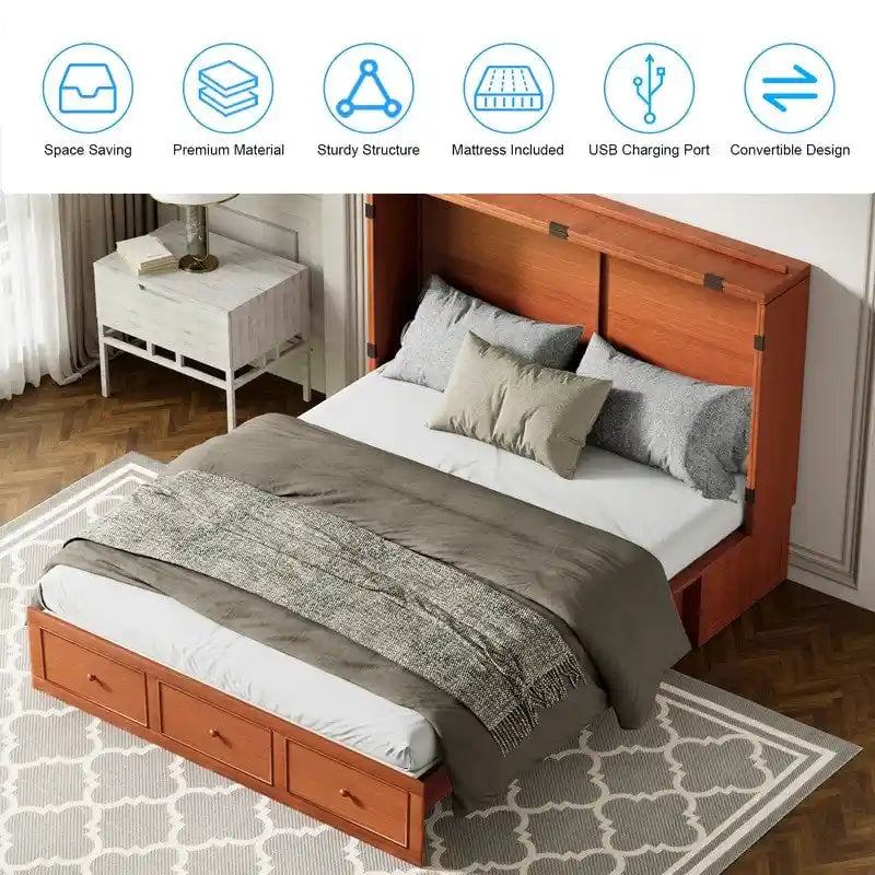 Lit escamotable Mixoy Murphy avec matelas pliable, lit-armoire cube moderne avec tiroir de rangement et station de recharge USB