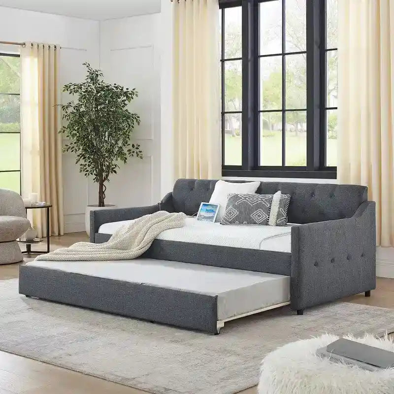 Lit de repos en lin de taille double avec lit gigogne de taille double et port de charge USB