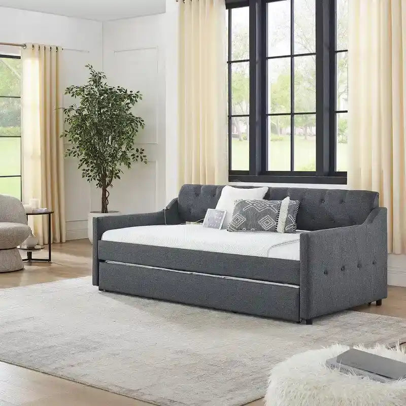 Lit de repos en lin de taille double avec lit gigogne de taille double et port de charge USB
