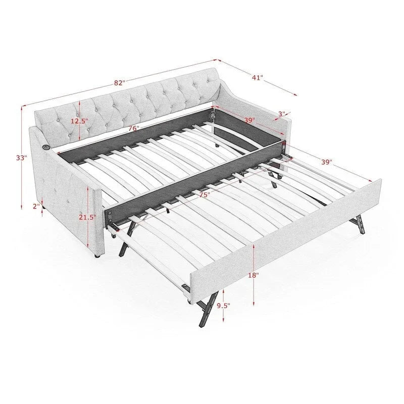 Lit de repos en lin de taille double avec lit gigogne de taille double et port de charge USB