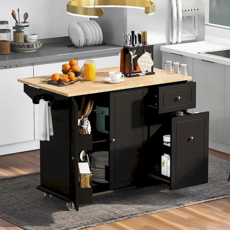 Un îlot de cuisine mobile, rangement, étagères réglables, roulettes