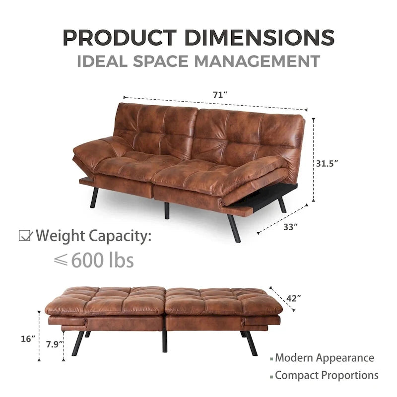 Canapé futon, canapé-lit pliant convertible rembourré pour petit espace de vie, appartement, dortoir, en similicuir