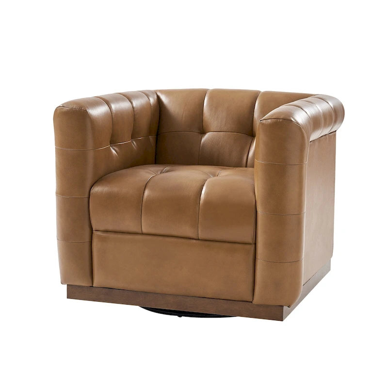 Fauteuil club pivotant touffeté en cuir véritable de milieu de siècle Jeremias avec tablier en bois par HULALA HOME