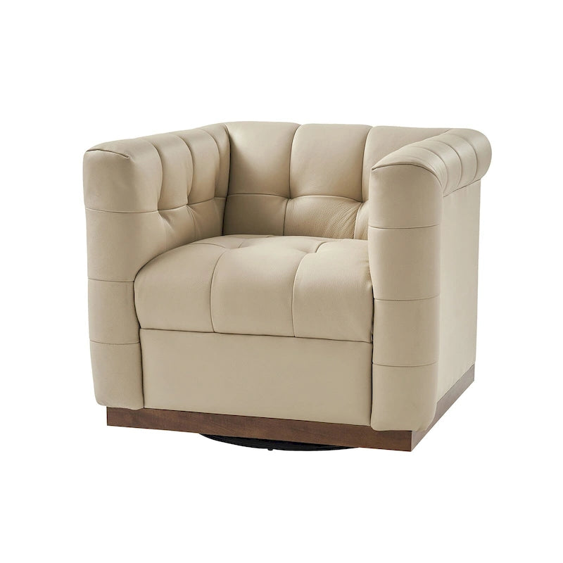 Fauteuil club pivotant touffeté en cuir véritable de milieu de siècle Jeremias avec tablier en bois par HULALA HOME