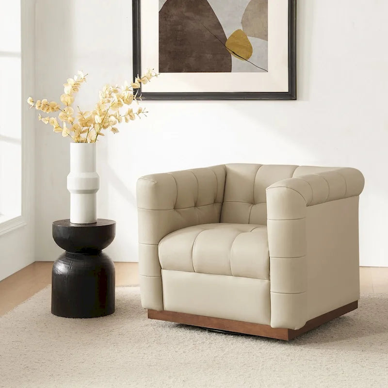 Fauteuil club pivotant touffeté en cuir véritable de milieu de siècle Jeremias avec tablier en bois par HULALA HOME