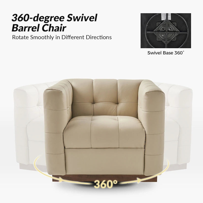 Fauteuil club pivotant touffeté en cuir véritable de milieu de siècle Jeremias avec tablier en bois par HULALA HOME