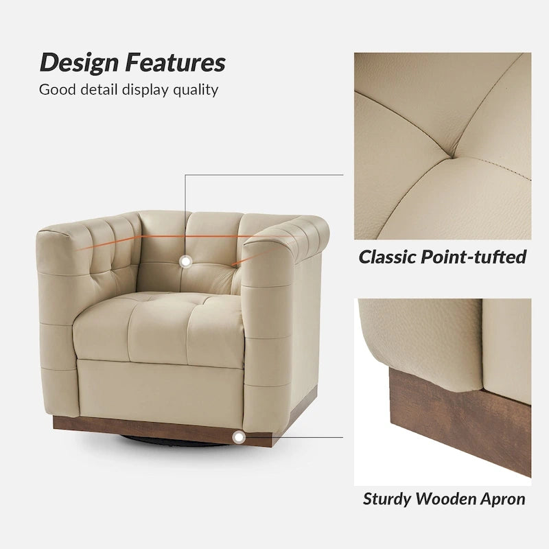 Fauteuil club pivotant touffeté en cuir véritable de milieu de siècle Jeremias avec tablier en bois par HULALA HOME