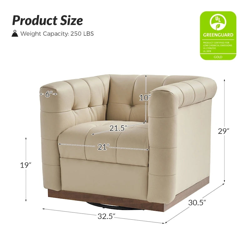 Fauteuil club pivotant touffeté en cuir véritable de milieu de siècle Jeremias avec tablier en bois par HULALA HOME