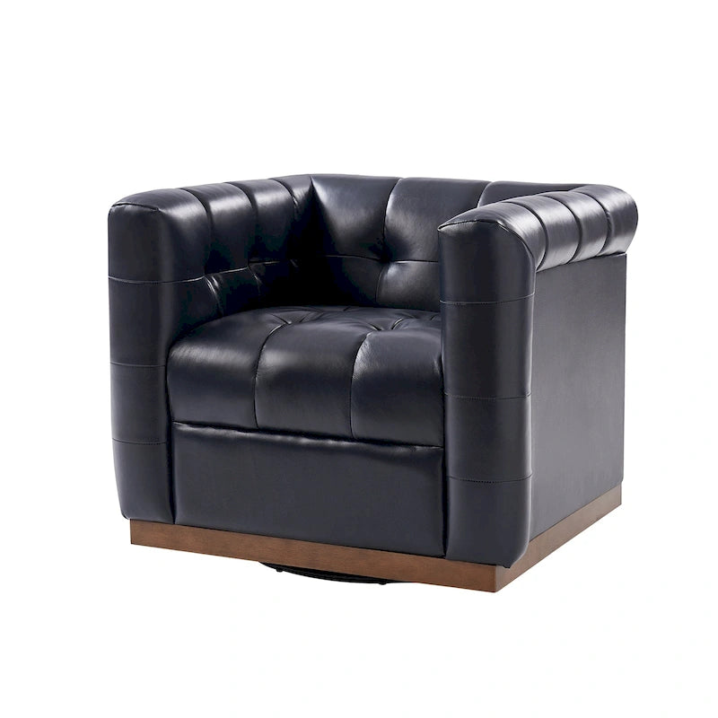 Fauteuil club pivotant touffeté en cuir véritable de milieu de siècle Jeremias avec tablier en bois par HULALA HOME