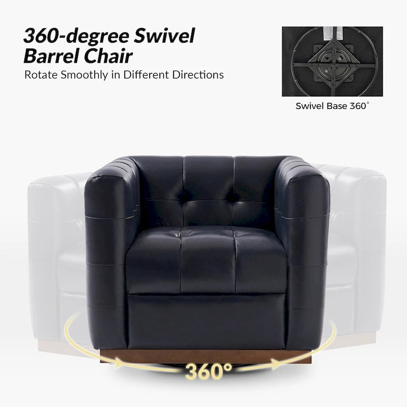 Fauteuil club pivotant touffeté en cuir véritable de milieu de siècle Jeremias avec tablier en bois par HULALA HOME