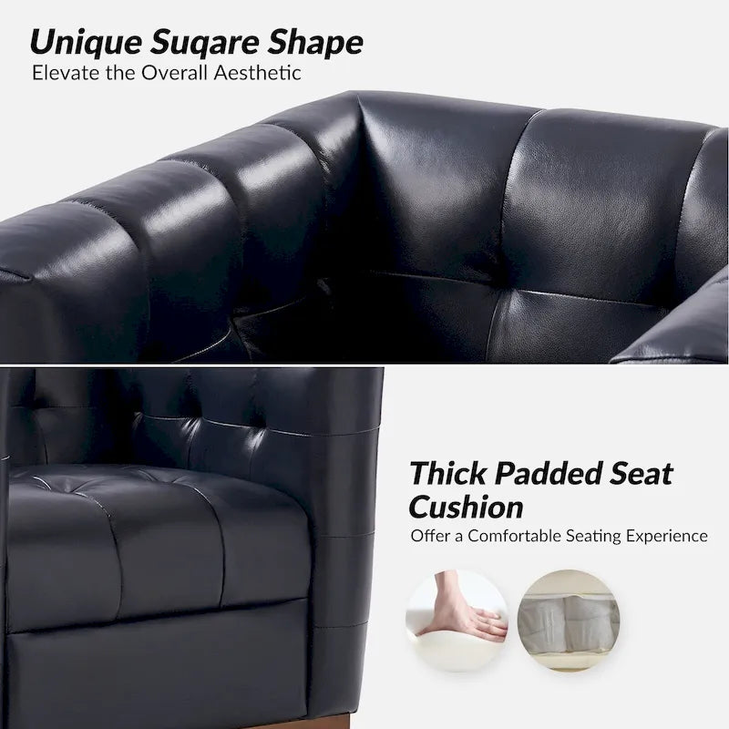 Fauteuil club pivotant touffeté en cuir véritable de milieu de siècle Jeremias avec tablier en bois par HULALA HOME