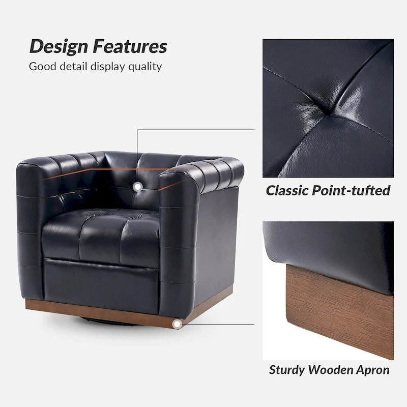 Fauteuil club pivotant touffeté en cuir véritable de milieu de siècle Jeremias avec tablier en bois par HULALA HOME
