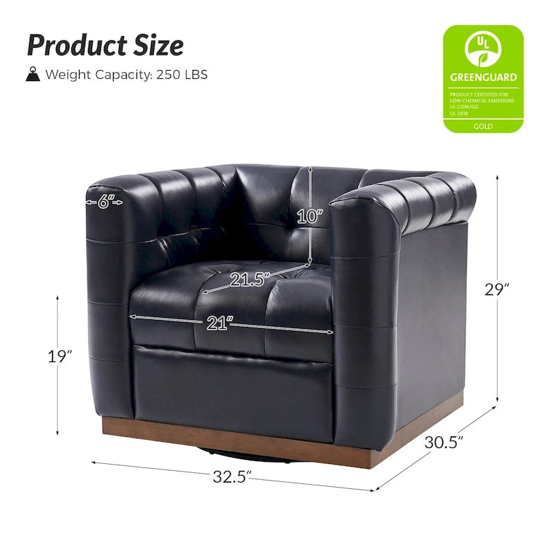 Fauteuil club pivotant touffeté en cuir véritable de milieu de siècle Jeremias avec tablier en bois par HULALA HOME