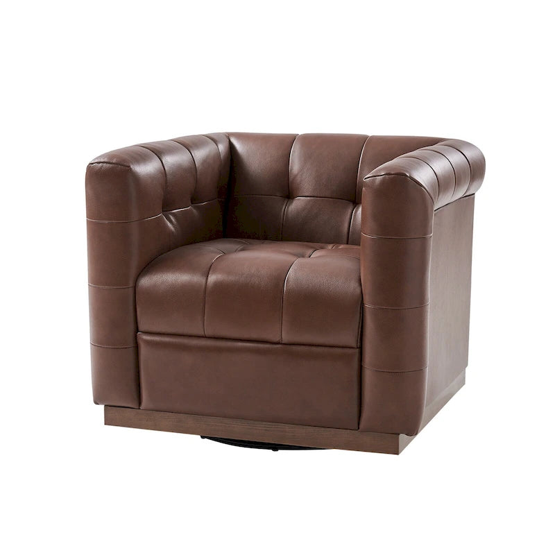 Fauteuil club pivotant touffeté en cuir véritable de milieu de siècle Jeremias avec tablier en bois par HULALA HOME