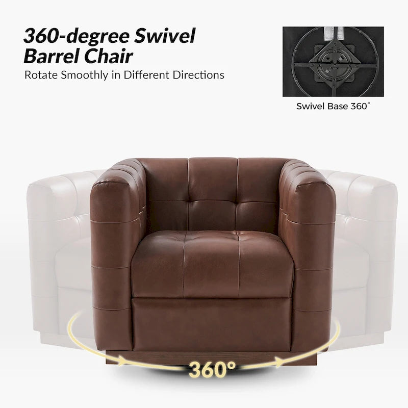 Fauteuil club pivotant touffeté en cuir véritable de milieu de siècle Jeremias avec tablier en bois par HULALA HOME