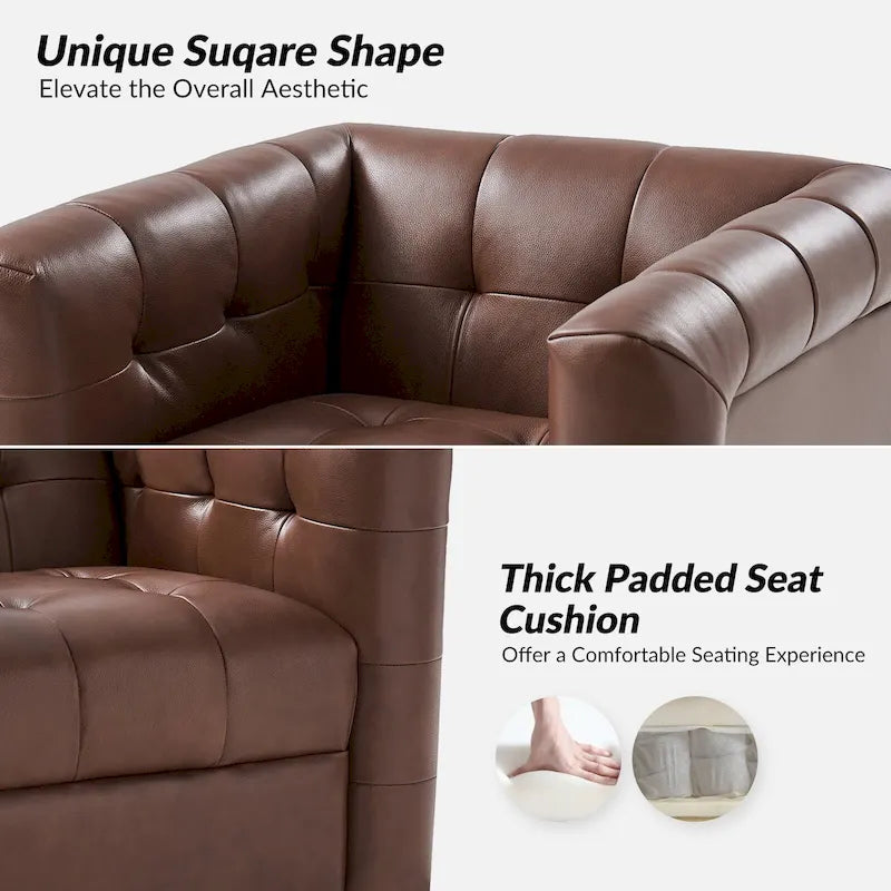 Fauteuil club pivotant touffeté en cuir véritable de milieu de siècle Jeremias avec tablier en bois par HULALA HOME