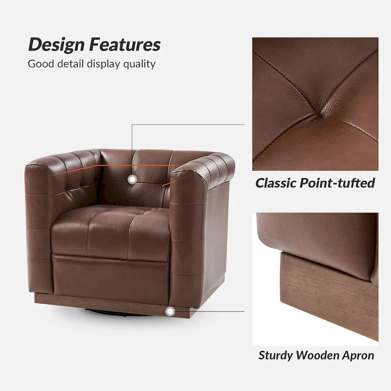 Fauteuil club pivotant touffeté en cuir véritable de milieu de siècle Jeremias avec tablier en bois par HULALA HOME