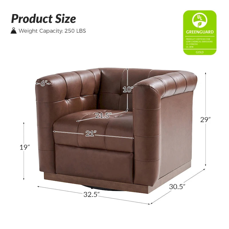 Fauteuil club pivotant touffeté en cuir véritable de milieu de siècle Jeremias avec tablier en bois par HULALA HOME