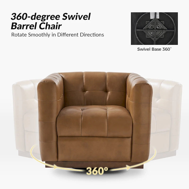 Fauteuil club pivotant touffeté en cuir véritable de milieu de siècle Jeremias avec tablier en bois par HULALA HOME