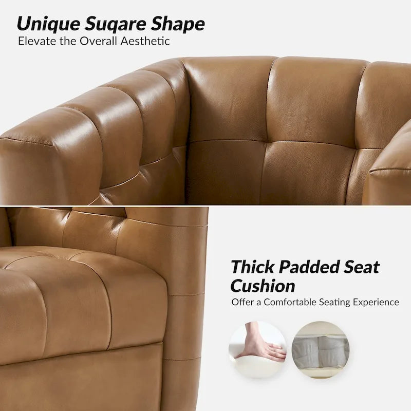Fauteuil club pivotant touffeté en cuir véritable de milieu de siècle Jeremias avec tablier en bois par HULALA HOME