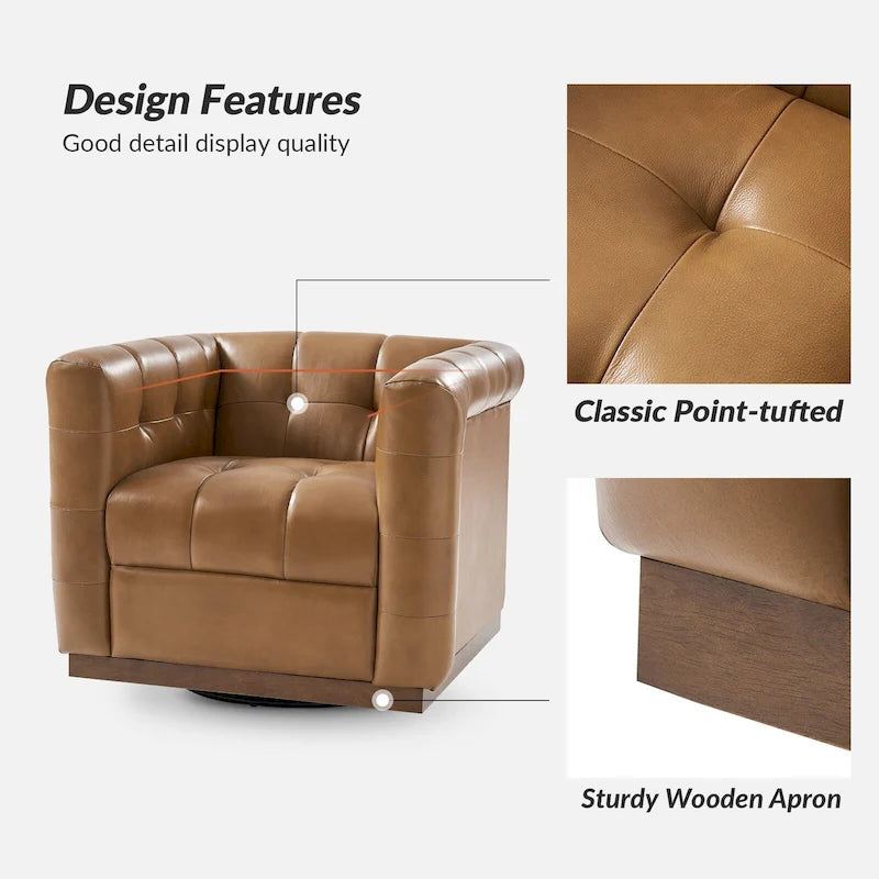 Fauteuil club pivotant touffeté en cuir véritable de milieu de siècle Jeremias avec tablier en bois par HULALA HOME