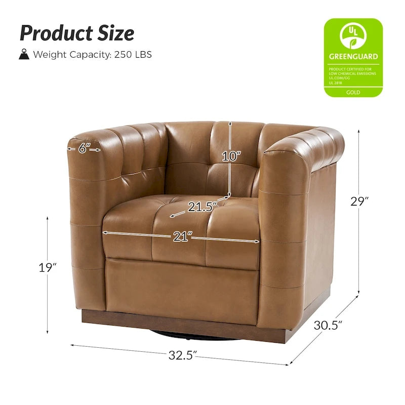 Fauteuil club pivotant touffeté en cuir véritable de milieu de siècle Jeremias avec tablier en bois par HULALA HOME