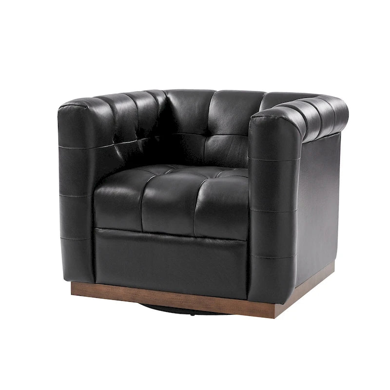 Fauteuil club pivotant touffeté en cuir véritable de milieu de siècle Jeremias avec tablier en bois par HULALA HOME