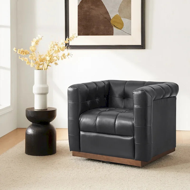 Fauteuil club pivotant touffeté en cuir véritable de milieu de siècle Jeremias avec tablier en bois par HULALA HOME