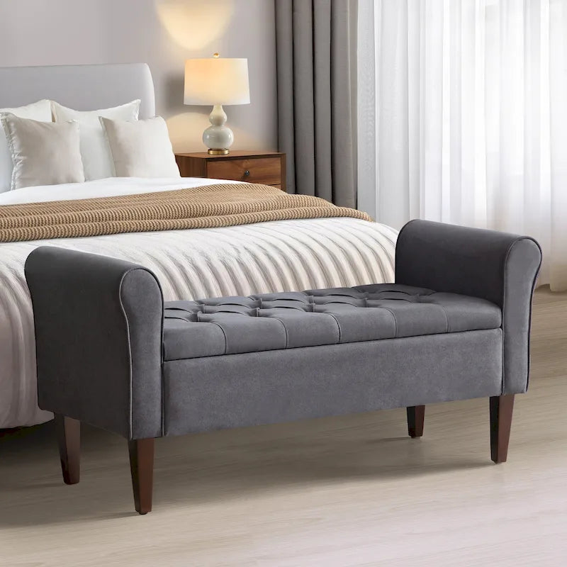 Banc de rangement capitonné avec accoudoirs, banc d'entrée avec couvercle à charnière touffeté de 128 cm