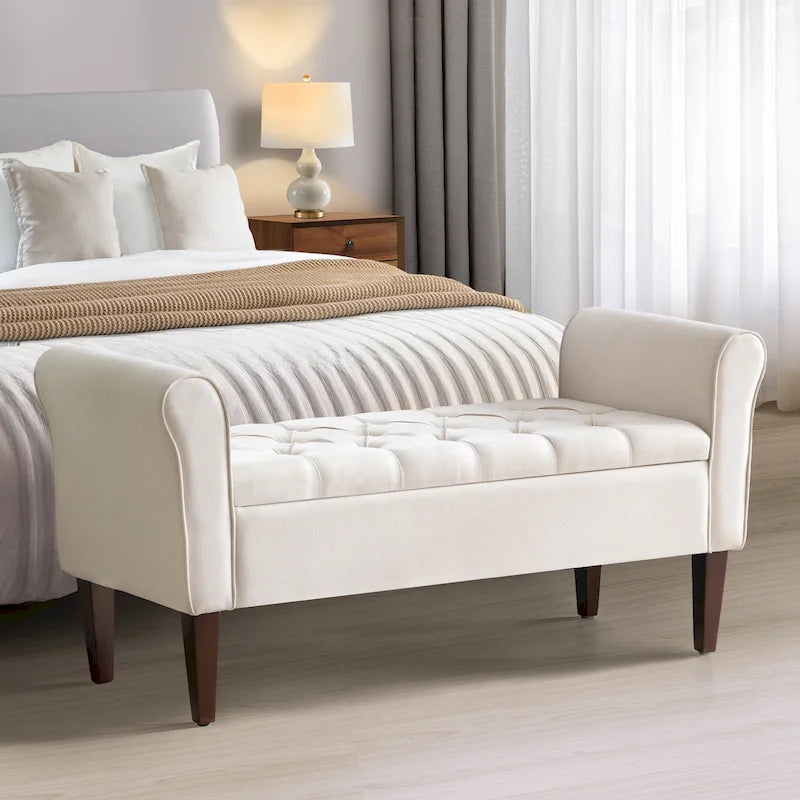 Banc de rangement capitonné avec accoudoirs, banc d'entrée avec couvercle à charnière touffeté de 128 cm