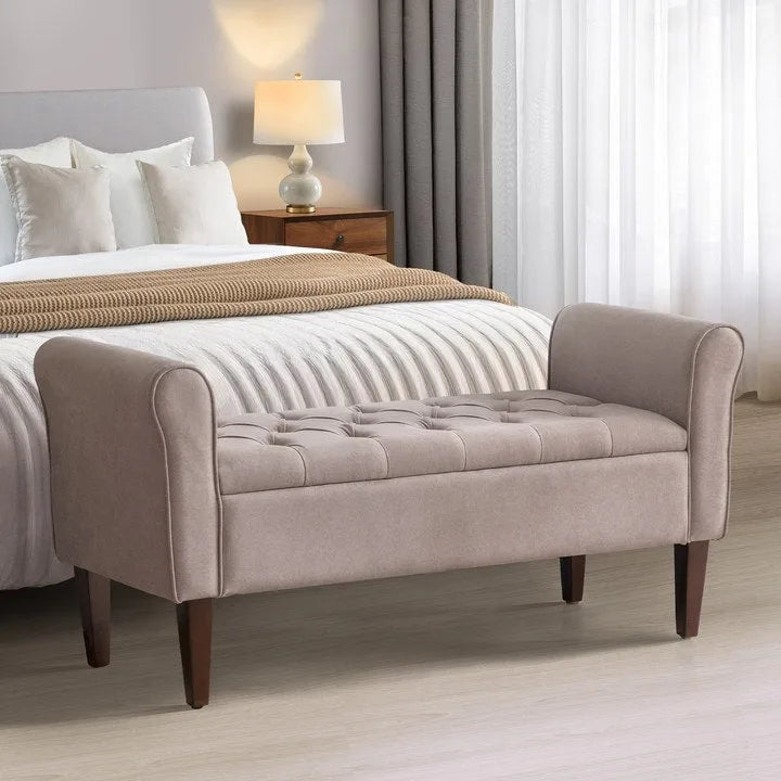 Banc de rangement capitonné avec accoudoirs, banc d'entrée avec couvercle à charnière touffeté de 128 cm
