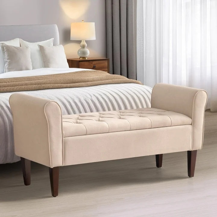 Banc de rangement capitonné avec accoudoirs, banc d'entrée avec couvercle à charnière touffeté de 128 cm