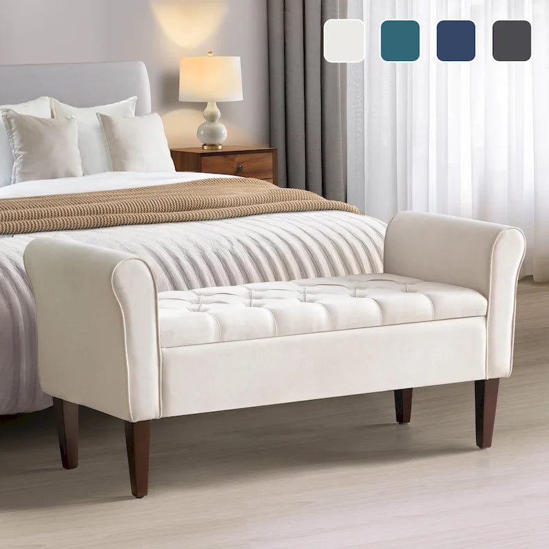 Banc de rangement capitonné avec accoudoirs, banc d'entrée avec couvercle à charnière touffeté de 128 cm