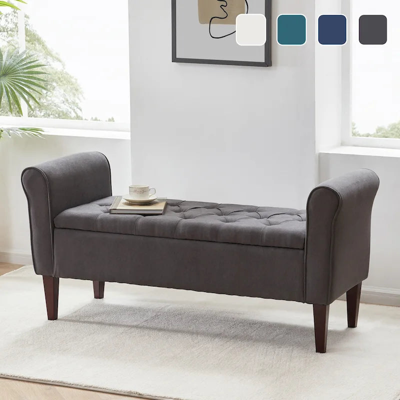 Banc de rangement capitonné avec accoudoirs, banc d'entrée avec couvercle à charnière touffeté de 128 cm