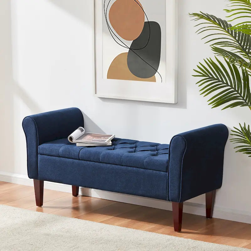 Banc de rangement capitonné avec accoudoirs, banc d'entrée avec couvercle à charnière touffeté de 128 cm