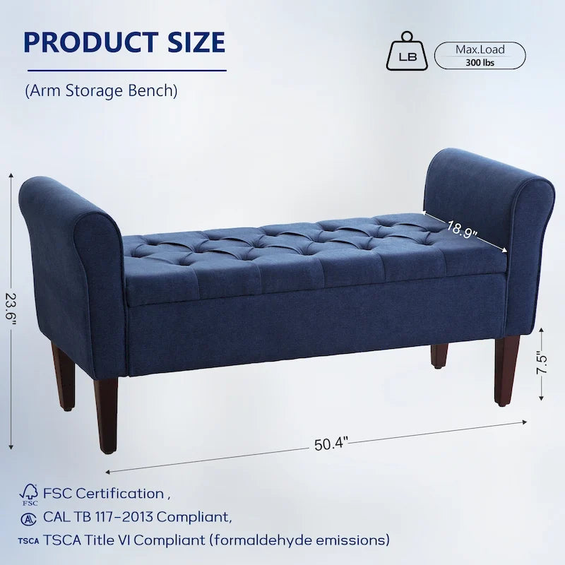 Banc de rangement capitonné avec accoudoirs, banc d'entrée avec couvercle à charnière touffeté de 128 cm