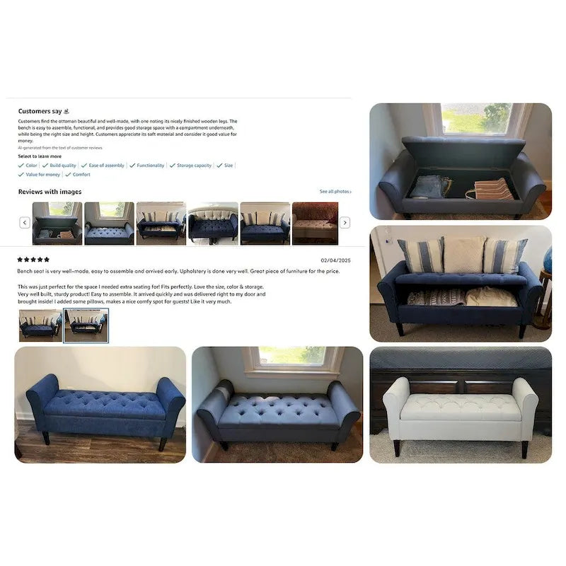 Banc de rangement capitonné avec accoudoirs, banc d'entrée avec couvercle à charnière touffeté de 128 cm