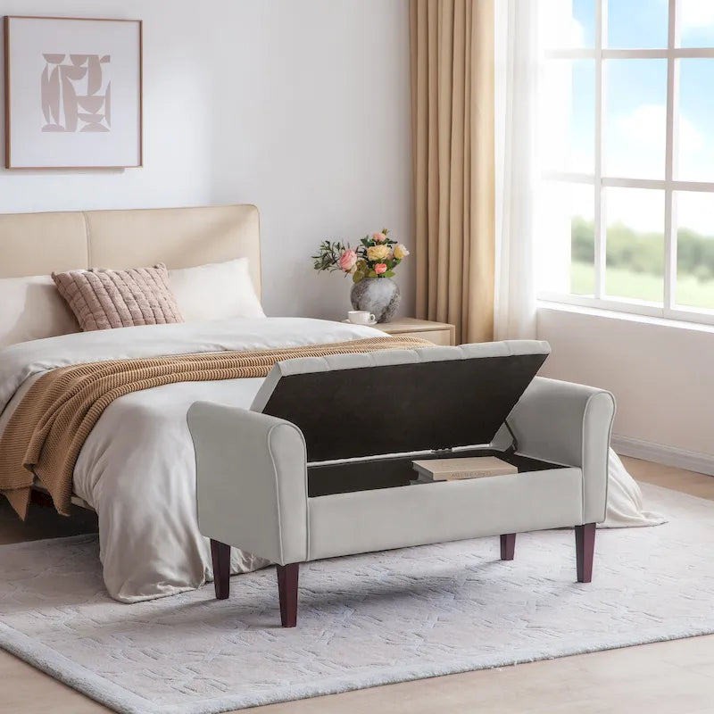 Banc de rangement capitonné avec accoudoirs, banc d'entrée avec couvercle à charnière touffeté de 128 cm