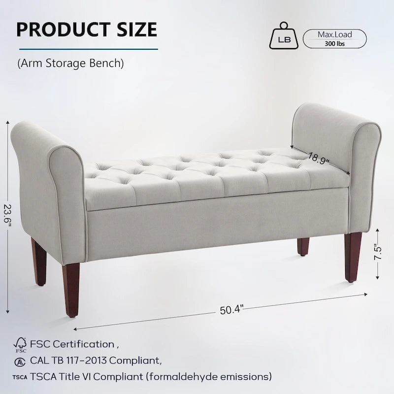 Banc de rangement capitonné avec accoudoirs, banc d'entrée avec couvercle à charnière touffeté de 128 cm