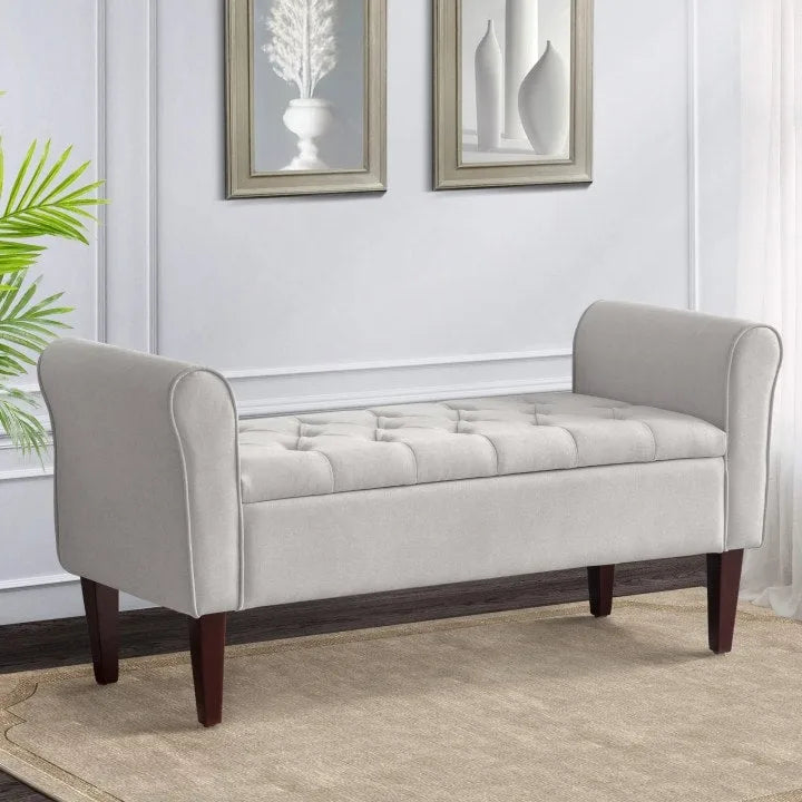 Banc de rangement capitonné avec accoudoirs, banc d'entrée avec couvercle à charnière touffeté de 128 cm