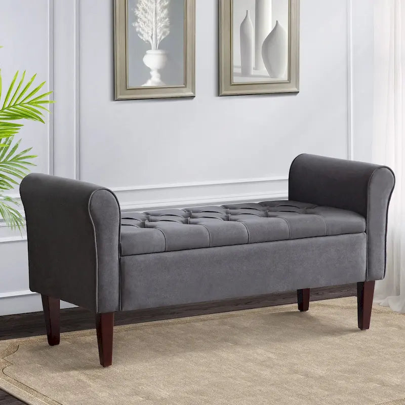 Banc de rangement capitonné avec accoudoirs, banc d'entrée avec couvercle à charnière touffeté de 128 cm