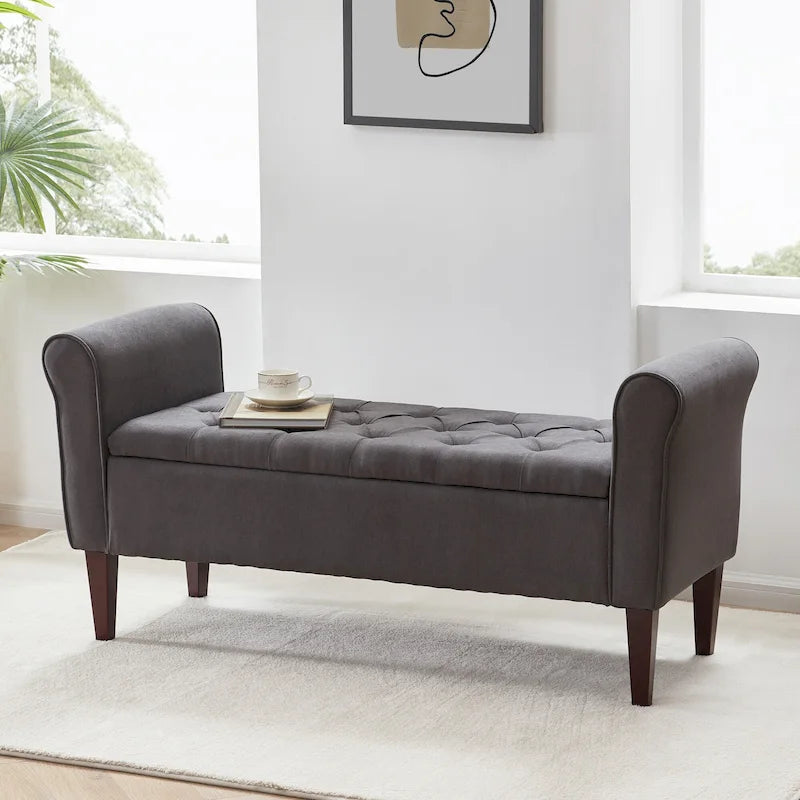 Banc de rangement capitonné avec accoudoirs, banc d'entrée avec couvercle à charnière touffeté de 128 cm