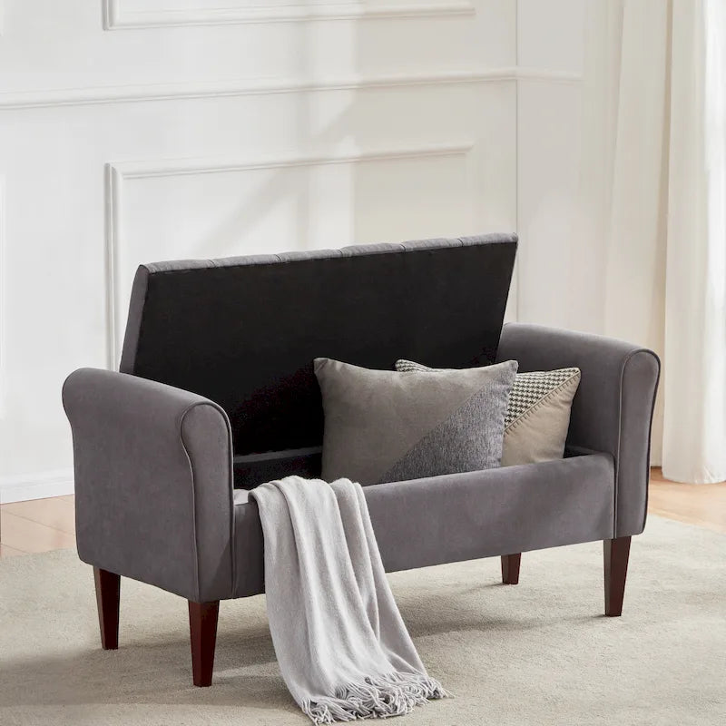 Banc de rangement capitonné avec accoudoirs, banc d'entrée avec couvercle à charnière touffeté de 128 cm