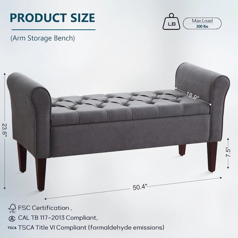 Banc de rangement capitonné avec accoudoirs, banc d'entrée avec couvercle à charnière touffeté de 128 cm