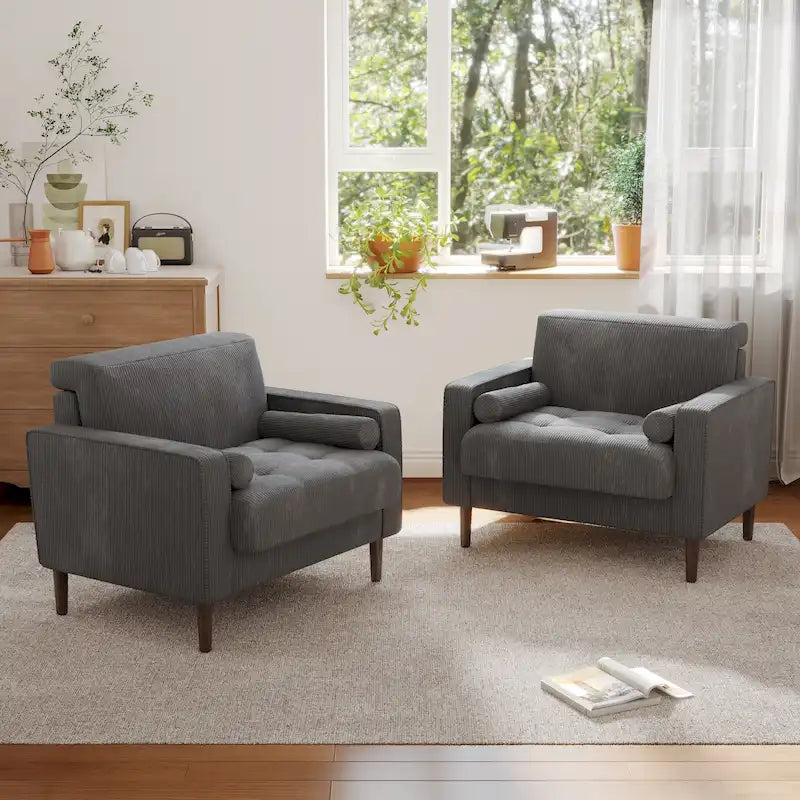 Lot de 2 fauteuils d'appoint surdimensionnés en velours côtelé avec pieds en bois