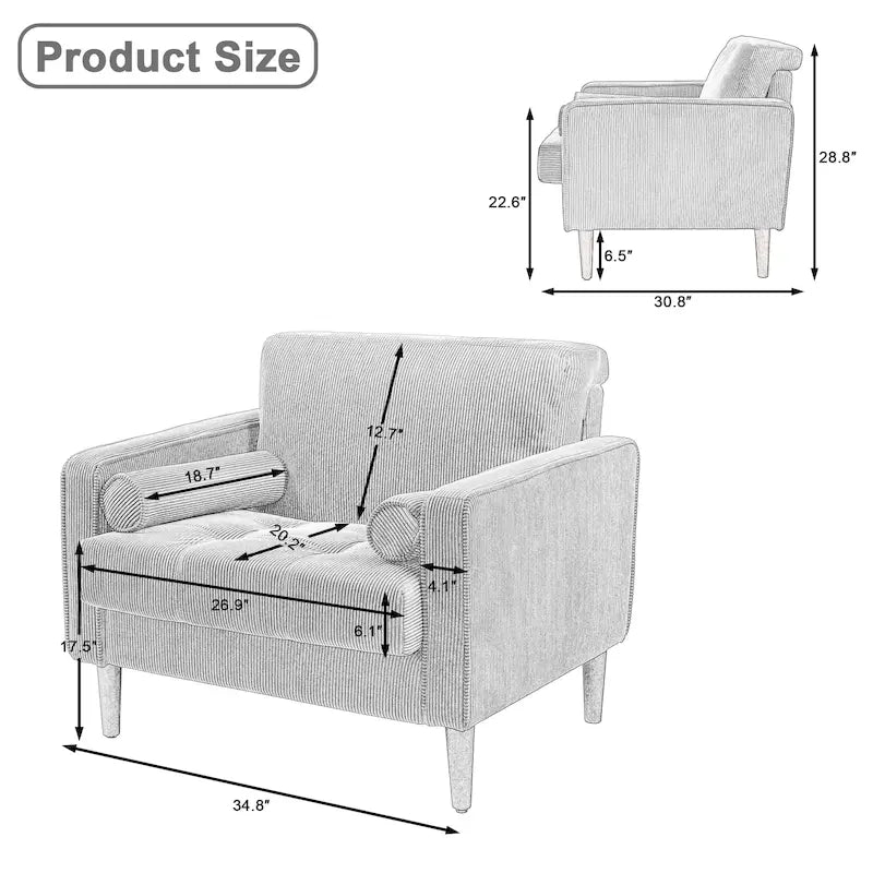 Lot de 2 fauteuils d'appoint surdimensionnés en velours côtelé avec pieds en bois