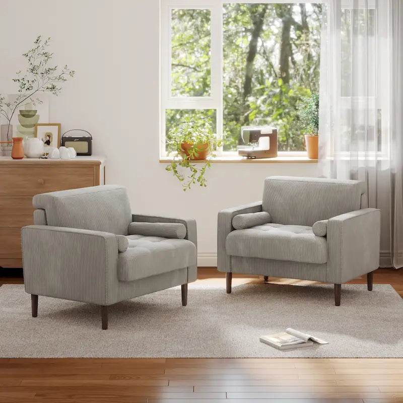 Lot de 2 fauteuils d'appoint surdimensionnés en velours côtelé avec pieds en bois