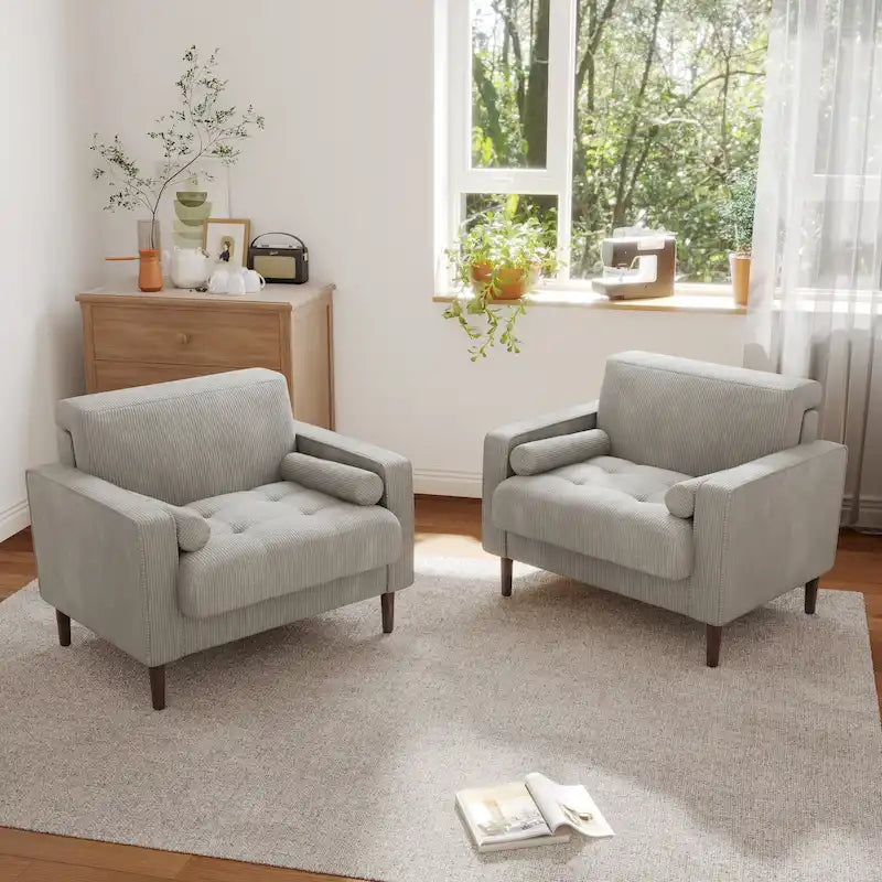 Lot de 2 fauteuils d'appoint surdimensionnés en velours côtelé avec pieds en bois