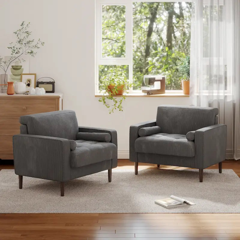 Lot de 2 fauteuils d'appoint surdimensionnés en velours côtelé avec pieds en bois